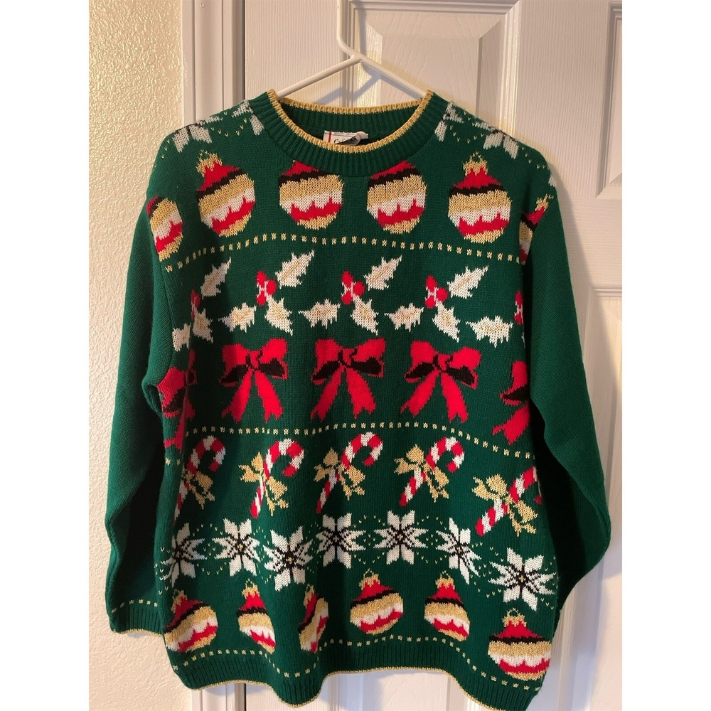 Cricket Lane Ugly Christmas Sweater Bows Candy Cane L Made in USA Vintage Holida